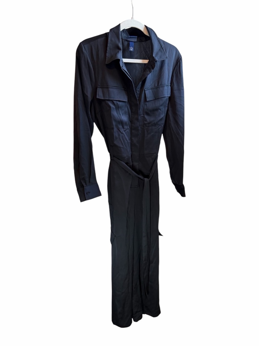 Long Sleeve Black Utility Jumpsuit with Tie Belt